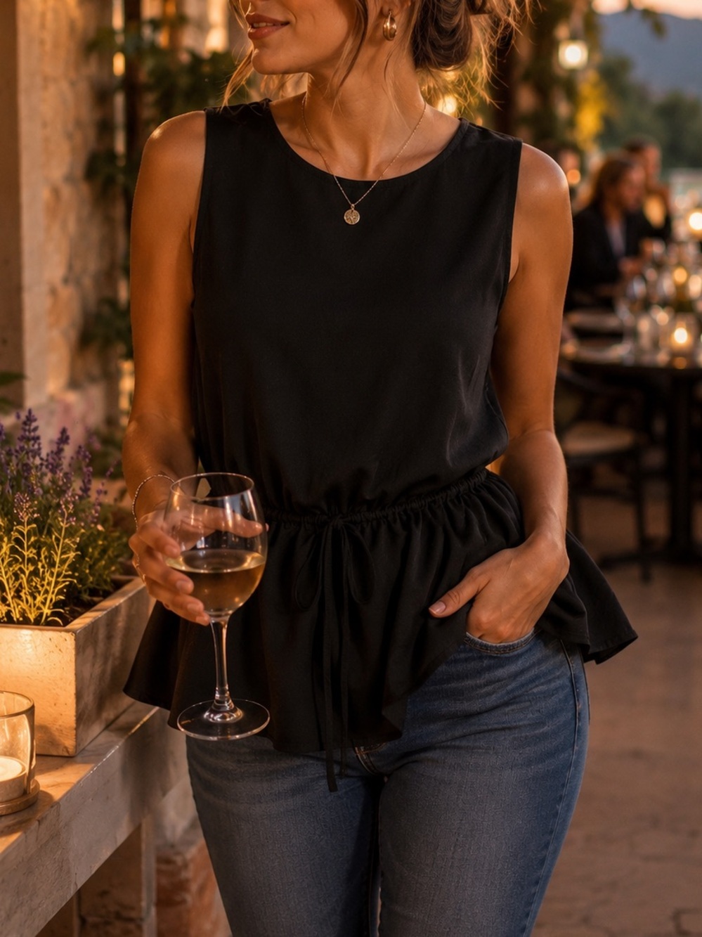Ardene Black Sleeveless Peplum Top Blouse L Slightly Sheer Waist Tie Date Night